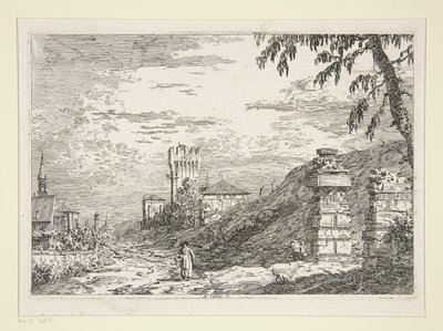 Landschap met Toren en Twee Verwoeste Zuilen, uit de serie Vedute door Canaletto (Giovanni Antonio Canal)