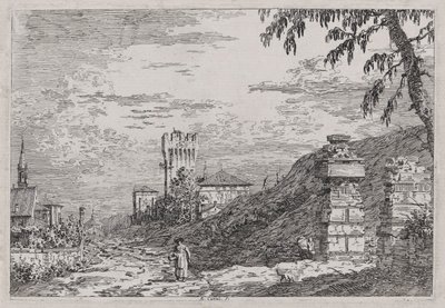 Landschap met Toren en Twee Verwoeste Zuilen, uit de serie Vedute (Gezichten) door Canaletto (Giovanni Antonio Canal)