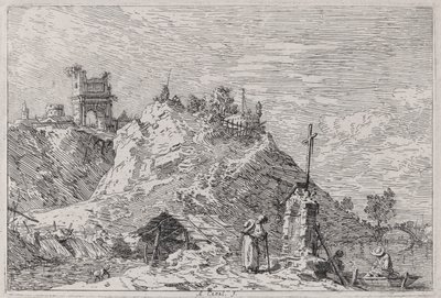 Landschap met de Pelgrim in Gebed, uit de serie Vedute (Uitzichten) door Canaletto (Giovanni Antonio Canal)