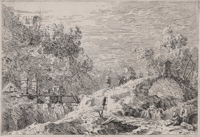 Berglandschap met vijf bruggen, uit de serie Vedute (Gezichten) door Canaletto (Giovanni Antonio Canal)