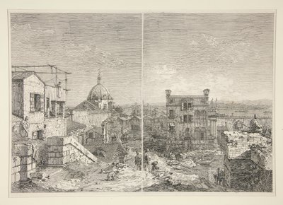 Het huis met de inscriptie: MDCCXLI. A. C. [en] Het huis met de peristyle en zes kolommen, uit de serie Vedute (Gezichten) door Canaletto (Giovanni Antonio Canal)