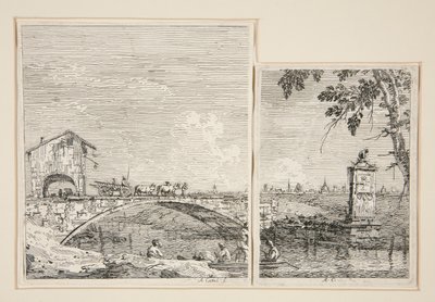 De wagen die over een brug gaat, Het kleine monument (onder een boom), uit de serie Vedute (Gezichten) door Canaletto (Giovanni Antonio Canal)