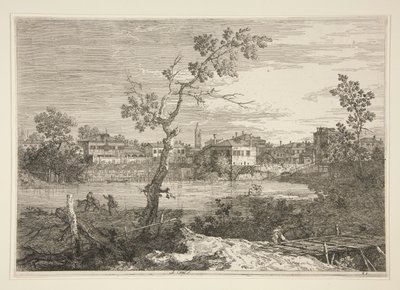 Gezicht op een Stad aan een Rivieroever, uit de serie Vedute (Gezichten) door Canaletto (Giovanni Antonio Canal)