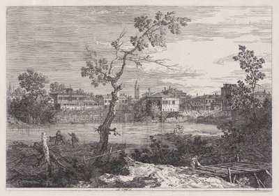 Gezicht op een stad aan een rivier, uit de serie Vedute (Gezichten) door Canaletto (Giovanni Antonio Canal)