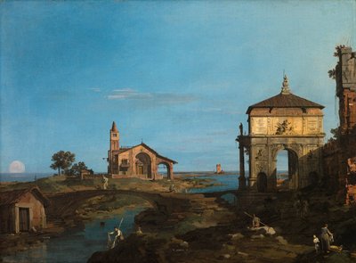 Een eiland in de lagune met een poort en een kerk door Canaletto