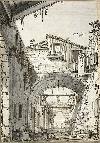 Capriccio: Een straat gekruist door bogen (recto) Schetsen van deuropening, trap en tweede verdieping van gebouw (verso) door Canaletto