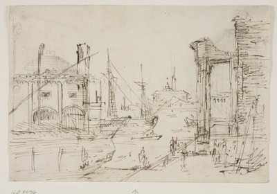 Capriccio met klassieke ruïnes aan een kade, een boothuis, twee galeien, twee masten van een zeilschip erachter, een koepelkerk op de achtergrond door Canaletto