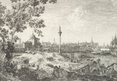 Denkbeeldig uitzicht op Padua, met een campanile en koepelkerk links, een kolom met beeld bovenop, 1735-46 door Canaletto