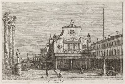 Denkbeeldig Uitzicht op S. Giacomo di Rialto [rechtsboven] door Canaletto