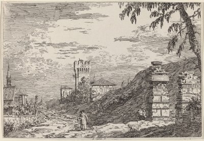 Landschap met toren en twee verwoeste pilaren door Canaletto