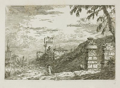 Landschap met toren en twee verwoeste pilaren, uit Vedute door Canaletto