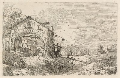 Landschap met een vrouw bij een put door Canaletto