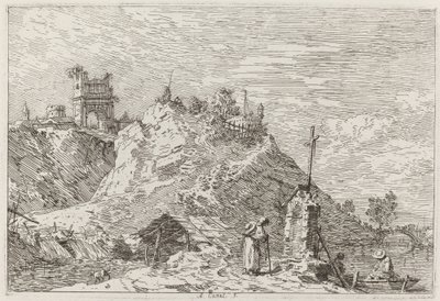 Landschap met de pelgrim in gebed door Canaletto