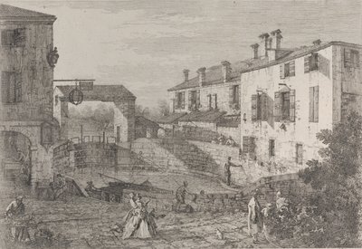 Le porte del Dolo: het ovale bassin van de sluizen bij Dolo, met een schuit aangemeerd aan de kade..., 1735-46 door Canaletto
