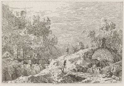 Berglandschap met Vijf Bruggen [rechtsonder] door Canaletto