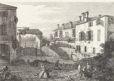 De Sloten bij Dolo, een ovaalvormig bassin met boten in het midden, gebouwen aan weerszijden, 1735-46 door Canaletto