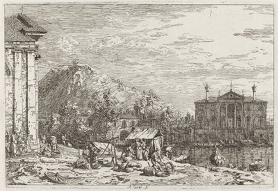 De markt in Dolo [linksonder], ca. 1735-1746 door Canaletto