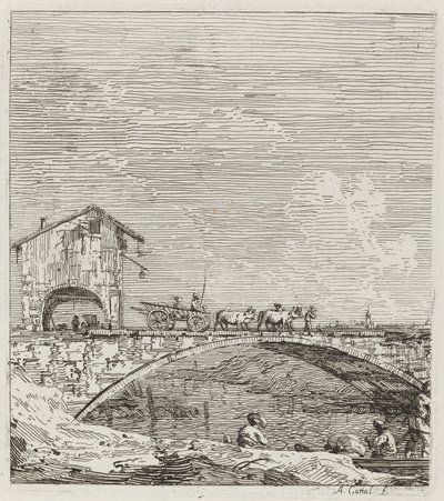 De wagen die over een brug gaat door Canaletto