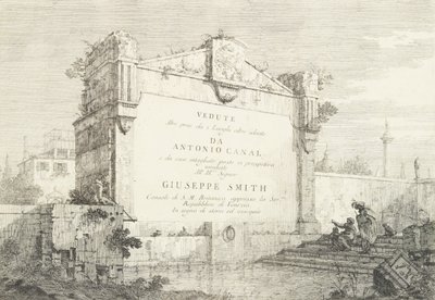 Titelpagina met een grote muur van een klassieke ruïne, met een figuur zittend aan de rechterkant door Canaletto