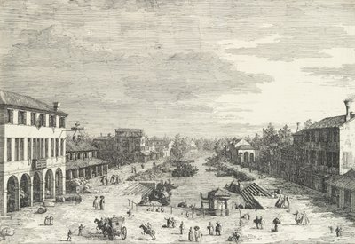 Uitzicht op Mestre, een herberg links en andere verschillende gebouwen langs het kanaal door Canaletto
