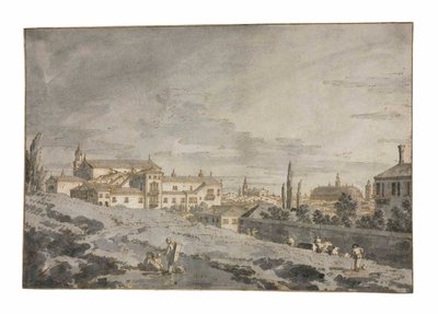 Uitzicht op Padua van buiten de stadsmuren met de kerk van San Francesco door Giovanni Antonio Canal