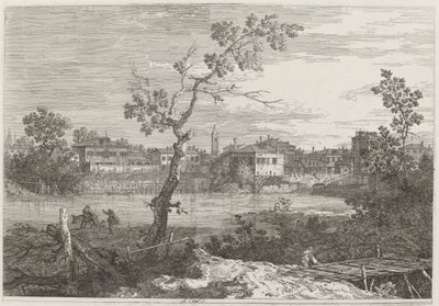 Uitzicht op een stad aan een rivier door Canaletto