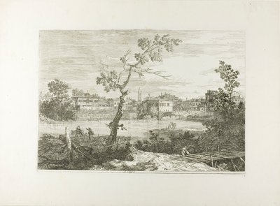 Uitzicht op een stad aan een rivier, uit Vedute door Canaletto