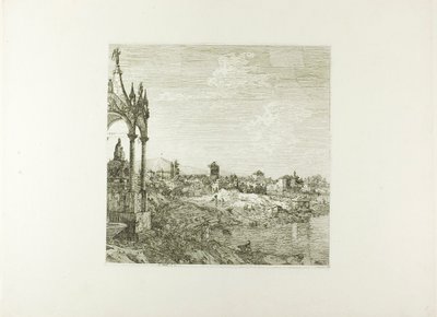Gezicht op een stad met een bisschopgraf, van Vedute door Canaletto