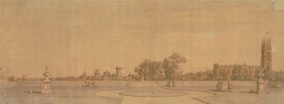 Warwick: De stad en het kasteel vanuit de priorijtuinen door Canaletto