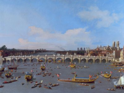 Westminster Bridge, met de processie van de Lord Mayor op de Theems door Giovanni Antonio Canal