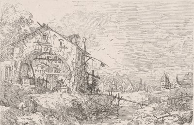 Vrouw die water uit een put haalt onder een arcade links, met een landschap rechts door Canaletto