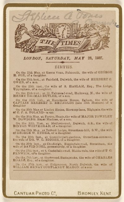 [Geboorteaankondiging pagina uit "The Times," Londen, zaterdag, 28 mei 1887]. door Cantuar Photographic Company