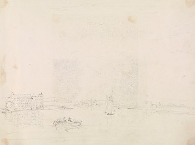 Schets van boten en een groot gebouw, vanaf de Medina-rivier door Capt. Thomas Hastings