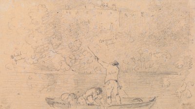 Schets van Twee Mannen in een Boot en een Huis aan de Oever door Capt. Thomas Hastings
