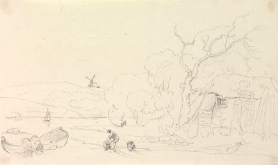 Schets van een huisje bij de rivier met een windmolen in de verte door Capt. Thomas Hastings