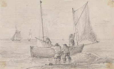 Schets van een Groep die de Zeilen Voorbereidt nabij de Kust, Hastings door Capt. Thomas Hastings