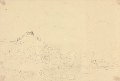Schets van een kasteel op een heuveltop met huizen eronder door Capt. Thomas Hastings