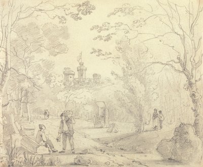 Schets van een Parkscène met East Cowes Castle in de Verte, Isle of Wight door Capt. Thomas Hastings