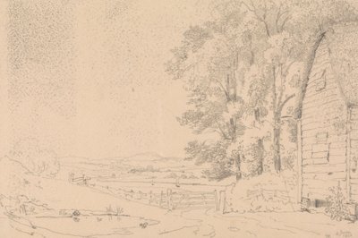 Schets van een gebouw met rieten dak en een rivier daarachter door Capt. Thomas Hastings