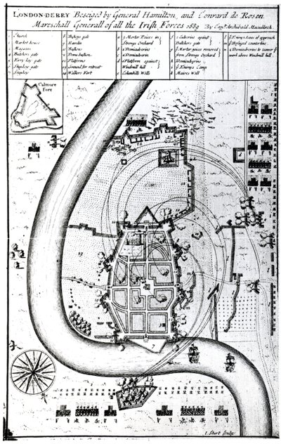 Londonderry belegerd door generaal Hamilton en Conrad de Rosen, gegraveerd door J. Sturt, 1689 door Captain Archibald Maculloch