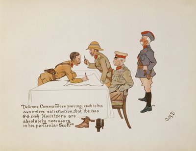 Verdedigingscommandanten bewijzen dat de twee 6.3 inch Howitzers absoluut noodzakelijk zijn in zijn specifieke sectie, uit The Leaguer of Ladysmith, 1900 door Captain Clive Dixon