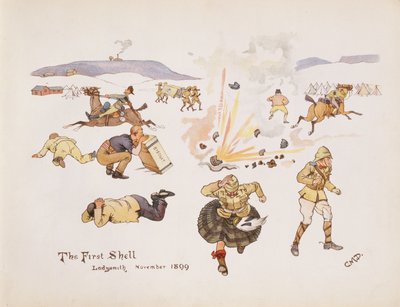 De Eerste Granaat, Ladysmith, 1899, uit The Leaguer of Ladysmith, 1900 door Captain Clive Dixon