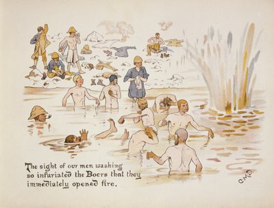 Het zicht van onze mannen die zich wassen maakte de Boeren zo woedend dat ze onmiddellijk het vuur openden, uit The Leaguer of Ladysmith, 1900 door Captain Clive Dixon