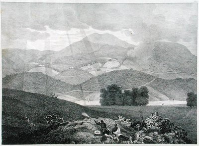 Uitzicht op een deel van het meer en huisjes in Ottacamund, Neelgherry Mountains, plaat 3 uit View of the Neilgherries, or Blue Mountains of Coimbetoor, Southern India door Captain McCurdy, gepubliceerd in 1830 door Captain E. A. after McCurdy