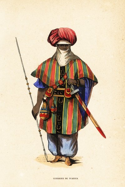 Adellijke Toeareg krijger van Agadez, Niger, in tagelmust (tulband en sluier), taktkat (hemd) en akarbey (broek) door Captain George Francis (after) Lyon
