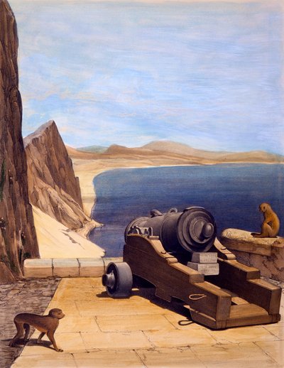 De Middellandse Zee Batterij, Gibraltar, prent gemaakt door TC Dibdin, uit Select Views of the Rock and Fortress of Gibraltar, gepubliceerd 1846 door Captain J. M. Carter