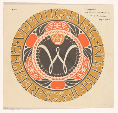 Embleem voor veertigjarig regeringsjubileum koningin Wilhelmina der Nederlanden door Carel Adolph Lion Cachet