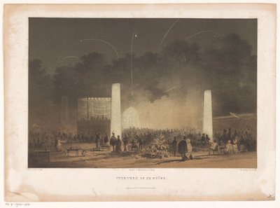 Vuurwerk op de grote ruïne in Leiden door Carel Christiaan Antony Last