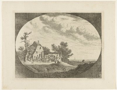 Landschap met herberg en rustende paarden en wagens en ruiters door Carel Frederik Bendorp (I)