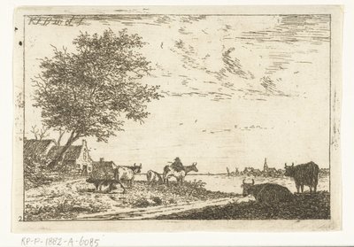 Rivierlandschap met boer en koeien bij boerderij door Carel Frederik Bendorp (I)